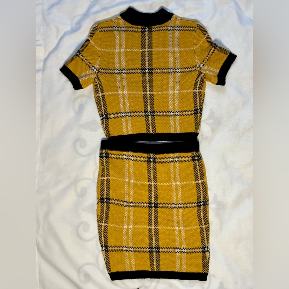 Almost Famous yellow black plaid knit sweater skirt two-piece set